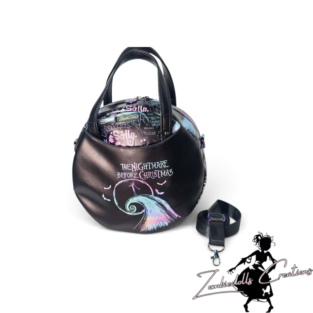 Halloween Town circle bag front view with dual handles and spooky artwork
