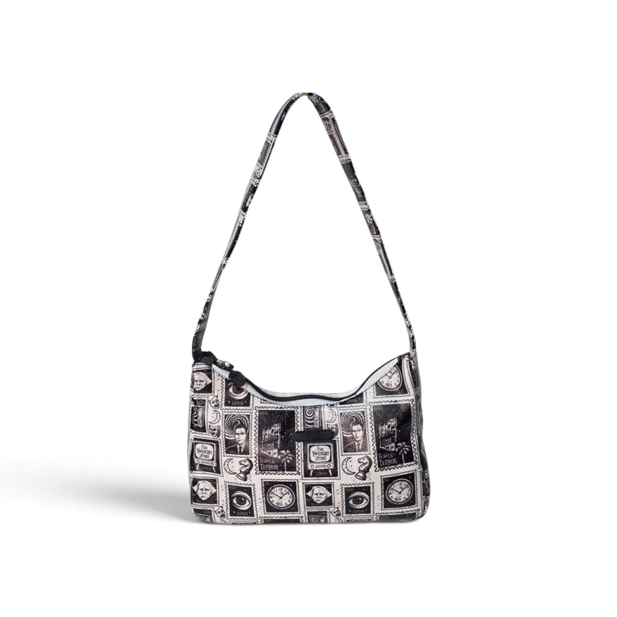 A black and white patterned hobo shoulder bag with a long strap, featuring a collage of vintage-style portrait frames and monochrome illustrations on a clean white background.