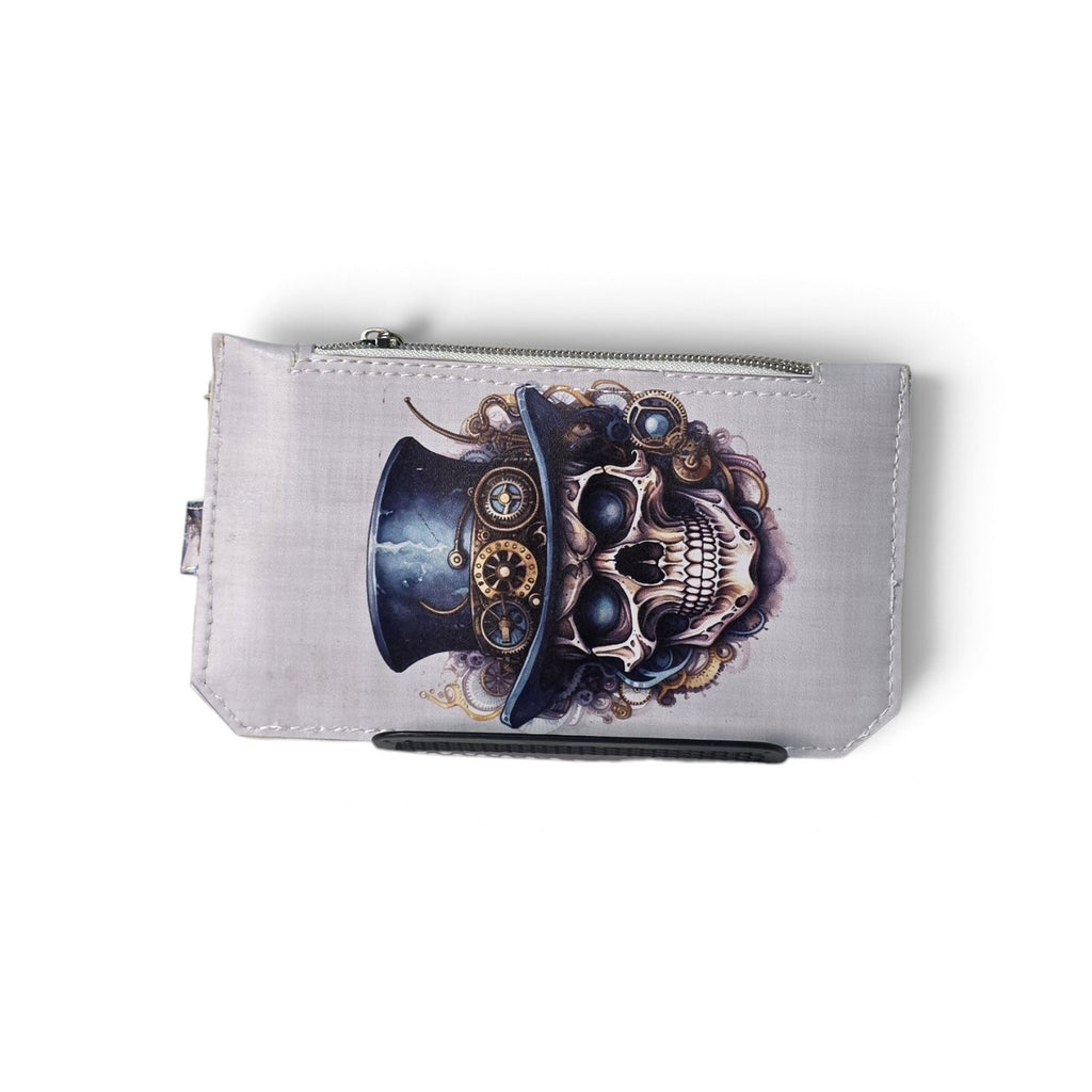 Handmade steampunk skull Purse Pal wallet with midnight-blue top hat, antique gold gears, and ivory-gray exterior.
