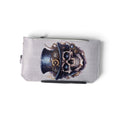 Handmade steampunk skull Purse Pal wallet with midnight-blue top hat, antique gold gears, and ivory-gray exterior.