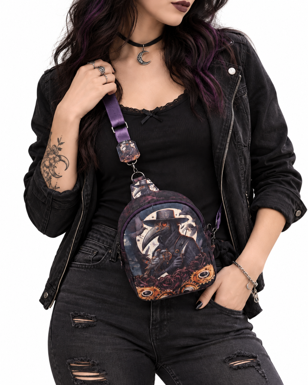 Plague Doctor Gothic Mav Pack Crossbody Bag – Handmade Waterproof Canvas mini backpack with Raven & Floral Print