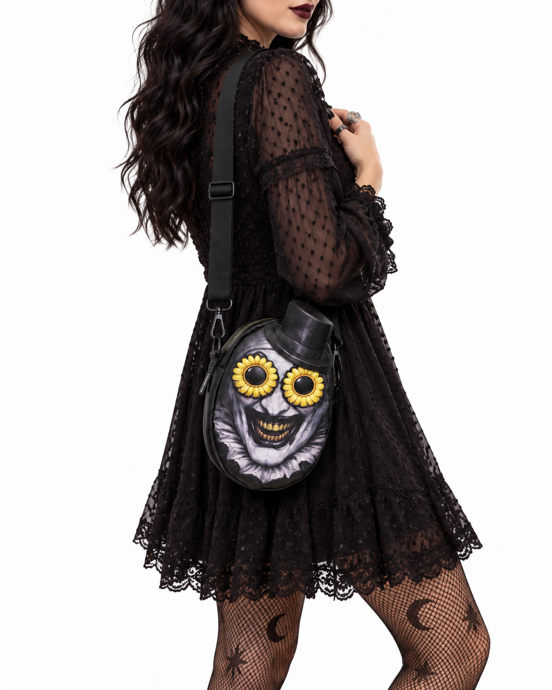 Art the Clown Inspired Crossbody Bag – Horror Fan Purse with Sunflower Glasses Print