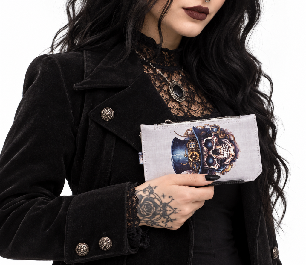 Model wearing black gothic clothing holding a handmade ivory steampunk skull wallet with a blue top hat and antique gold gears.