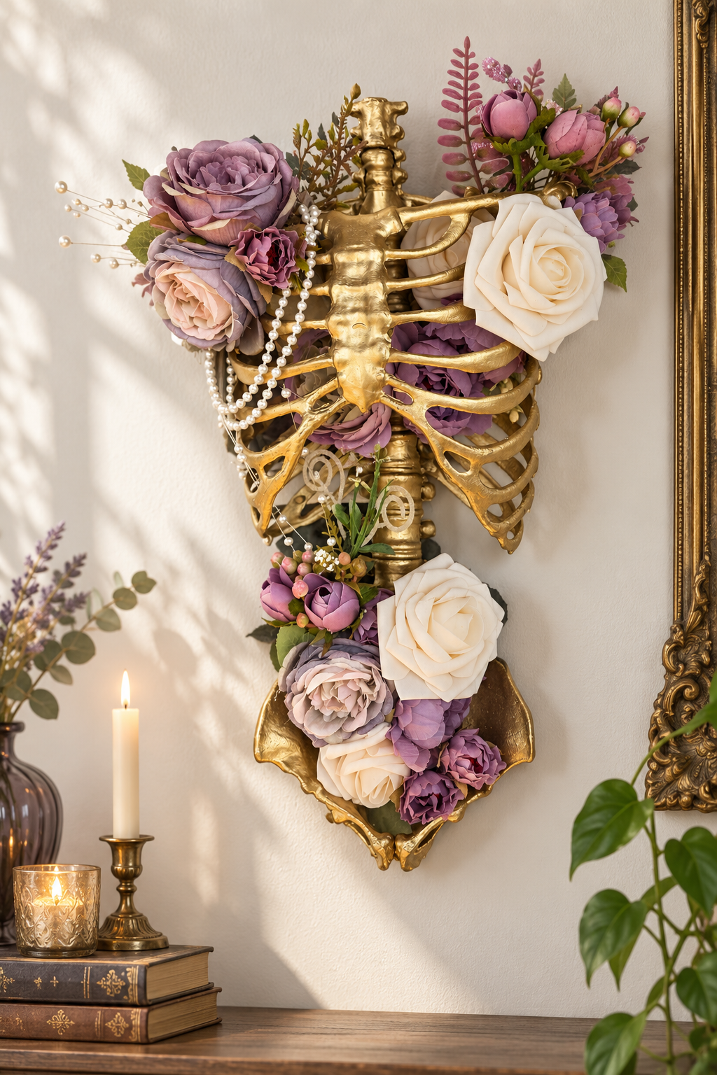 Small Gothic Skeleton Wall Decor | Floral Ribcage Wall Art