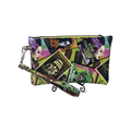A zippered clutch bag with a wristlet strap, featuring a collage print of classic Disney animated movie posters including The Little Mermaid, Aladdin, The Lion King, Mulan, and Cinderella.