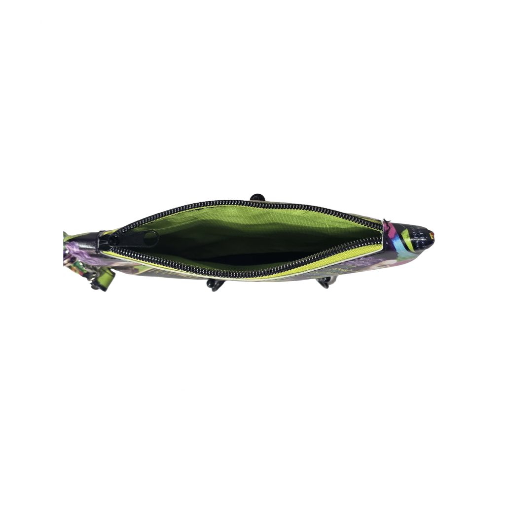 A flat, horizontal view of an open zippered pouch with a multicolor camouflage pattern on the exterior and a bright lime green interior lining, shown against a plain white background.