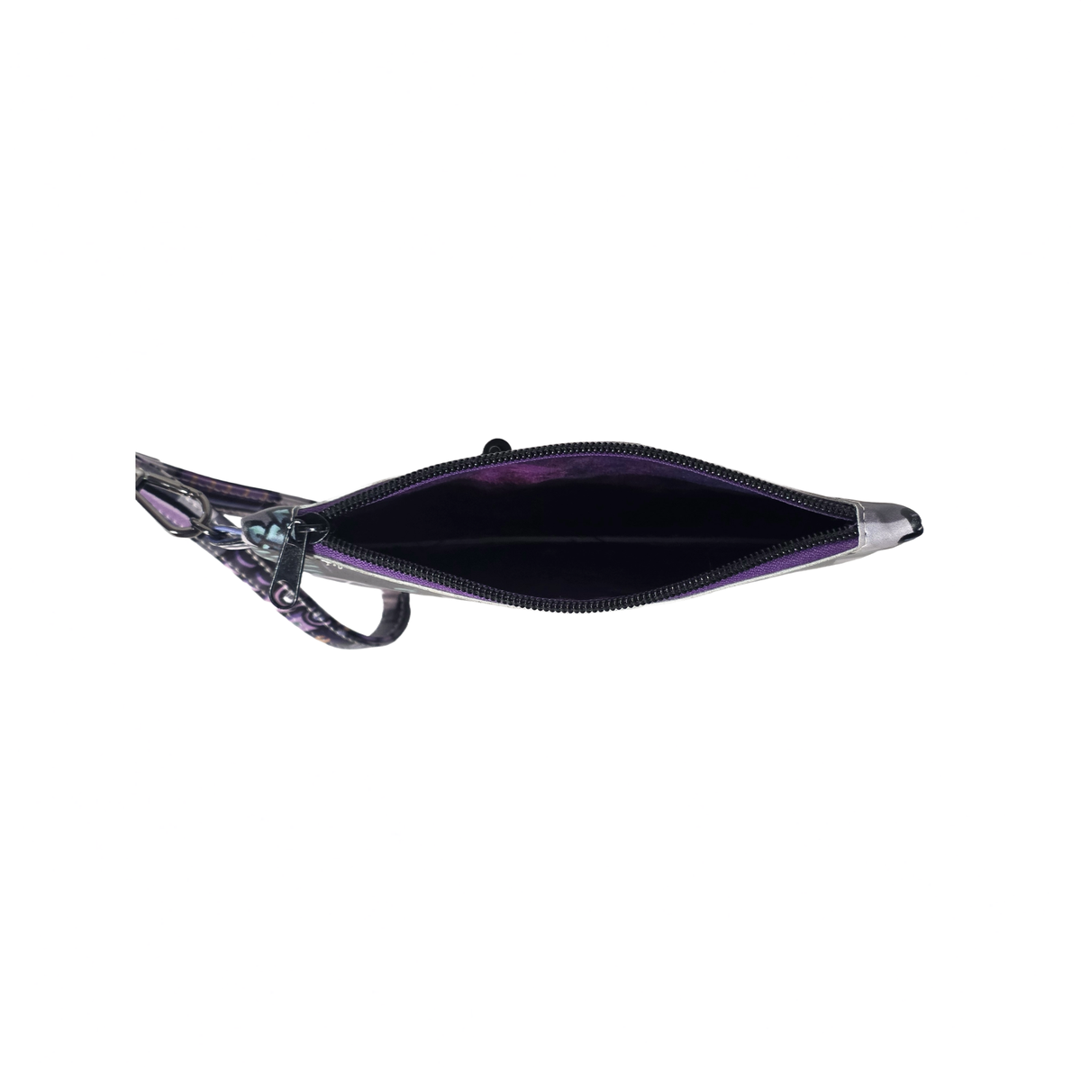 A slim, zippered pouch with a purple interior and a patterned exterior featuring black, purple, and silver tones, shown open against a plain white background.