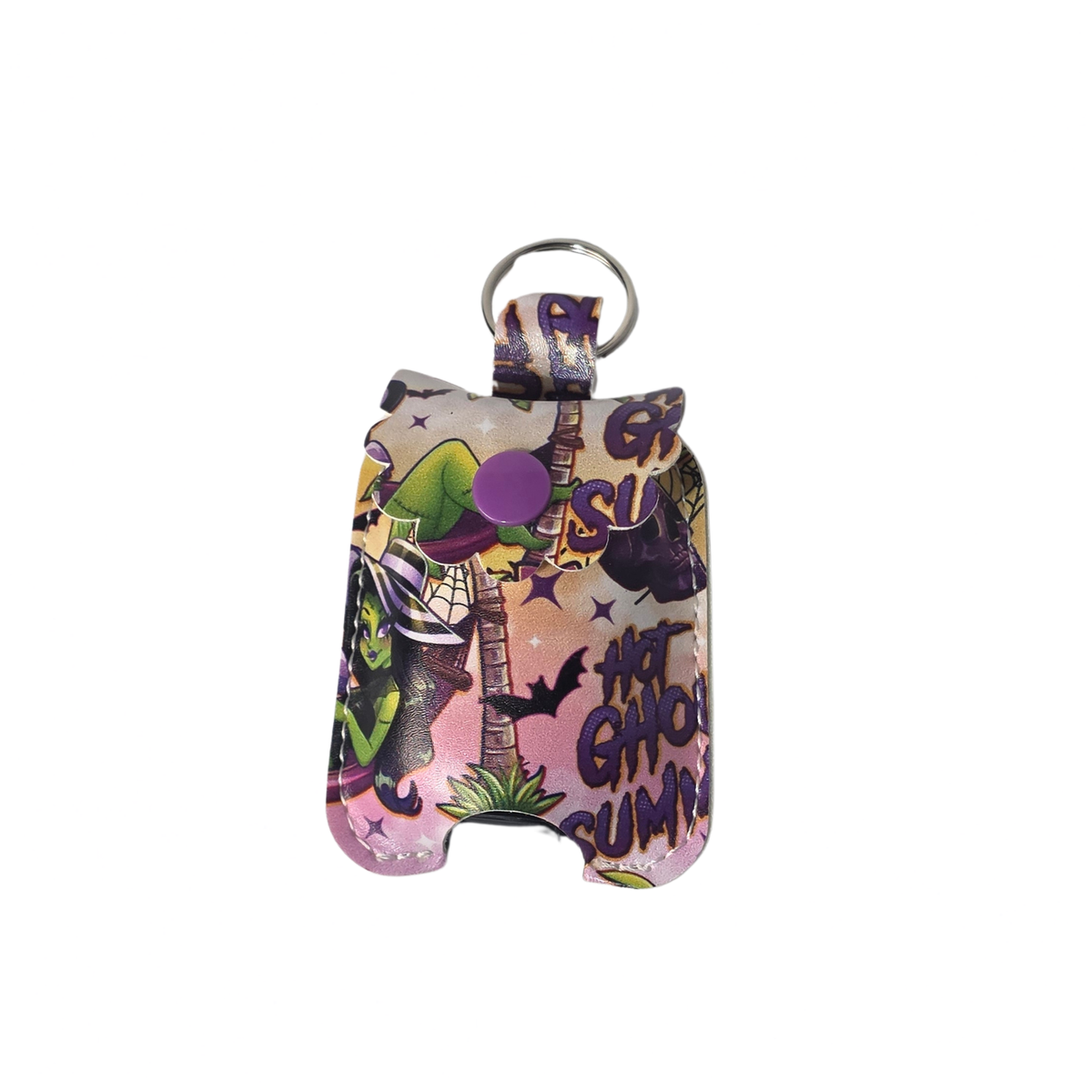 A small rectangular keychain or bag charm with a metal key ring, featuring a colorful Halloween-themed graphic print with a witch, bats, stars, and the text 'Hot Ghost Cumin' on a white background.