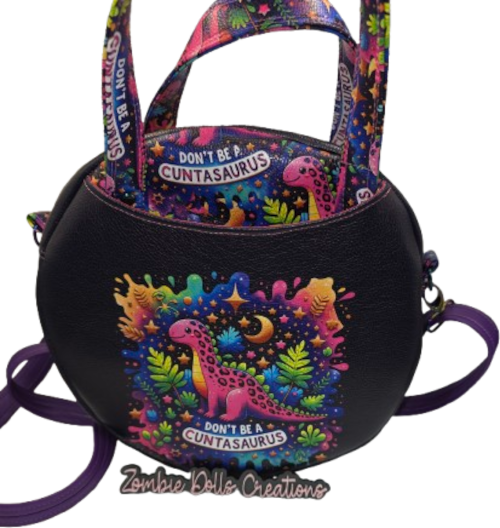 Cosmic Dinosaur Round Circle Crossbody Bag – Colorful Galaxy Novelty Purse 10" Handmade